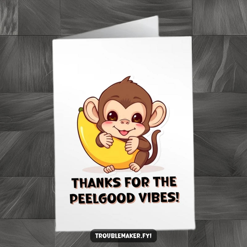 Funny free printable thank you card with a mischievous monkey hiding behind a banana peel, a comical way to say thanks, downloadable art.