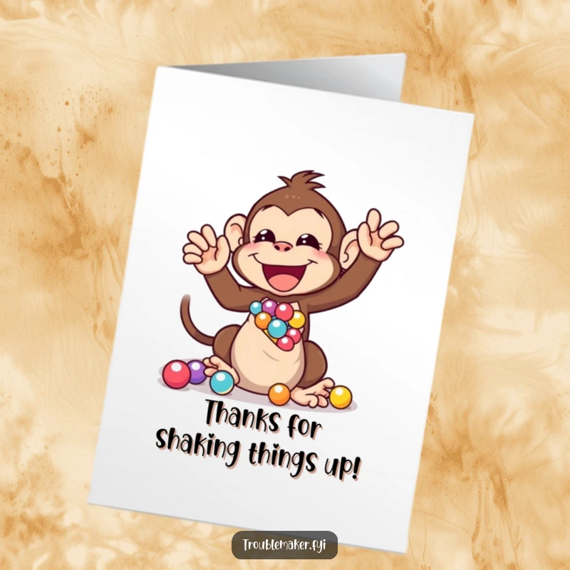 Funny Free Printable Thank You Card: Monkey happily shaking a bag of marbles, a perfect DIY thank you.