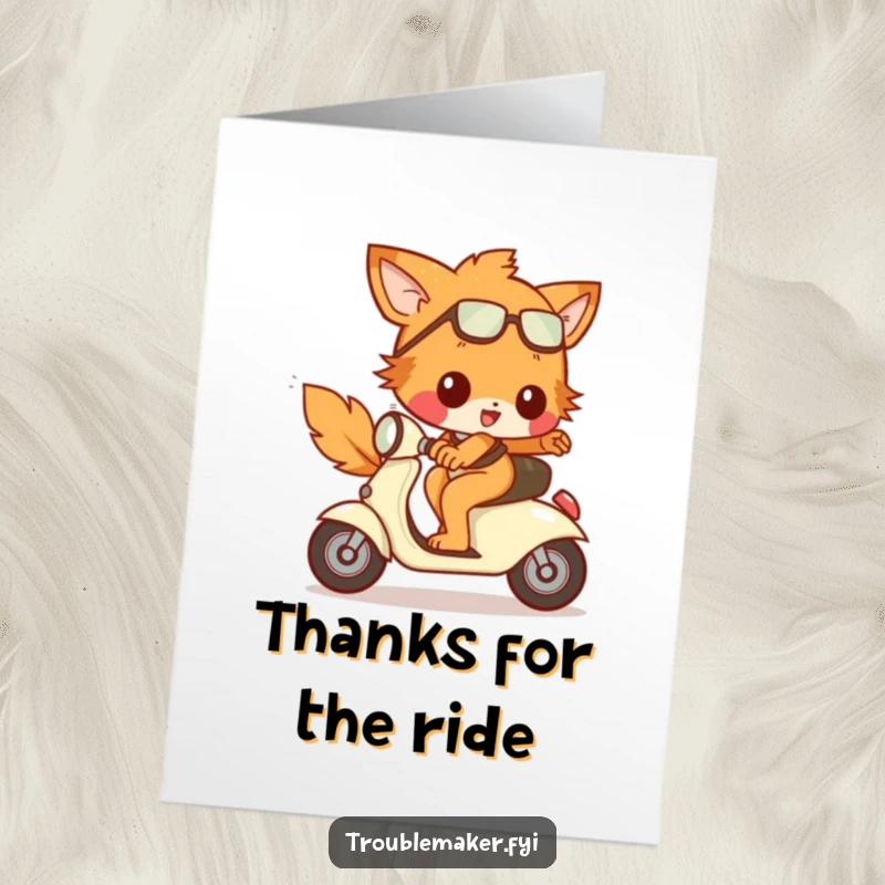 Funny Free Printable Thank You Card: Goofy animal character happily riding a tiny, runaway scooter with thanks.
