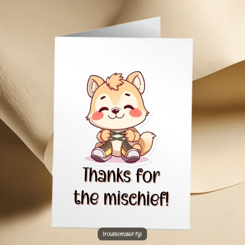 Funny Free Printable Thank You Card: Troublemaker animal tying shoelaces together, sending thanks with a mischievous grin.