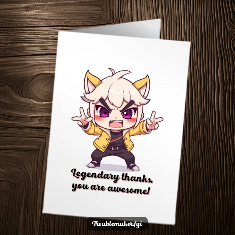 Funny Free Printable Thank You Card: A troublemaker strikes a dramatic pose, offering thanks with over-the-top flair. Hilarious downloadable.