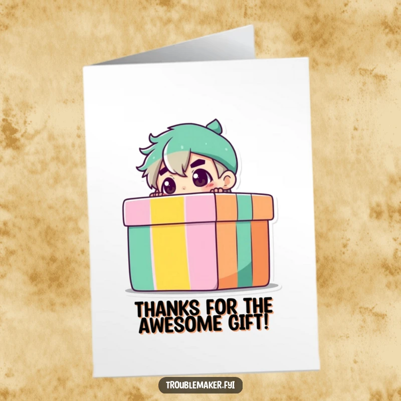 Funny Free Printable Thank You Card: Troublemaker character peeking from behind a gift box, offering a funny thank you surprise, downloadable art.