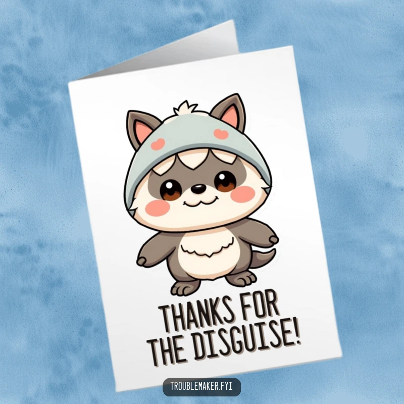 Funny free printable thank you card: A creature with a funny, surprised expression wearing a simple, silly disguise.