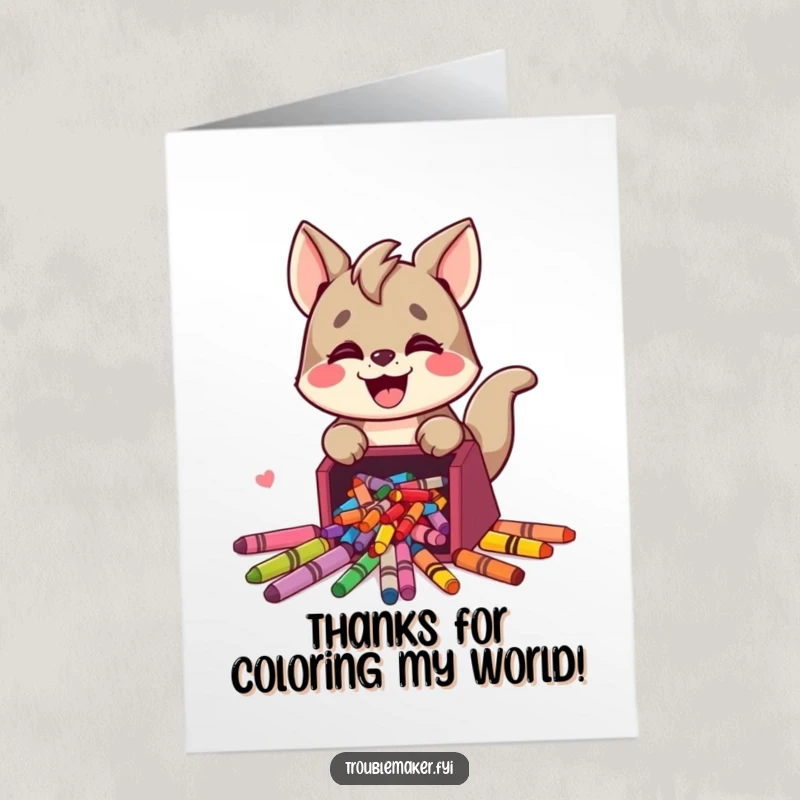 Funny Free Printable Thank You Card: Cute animal character joyfully spills crayons, a colorful way to say thank you.