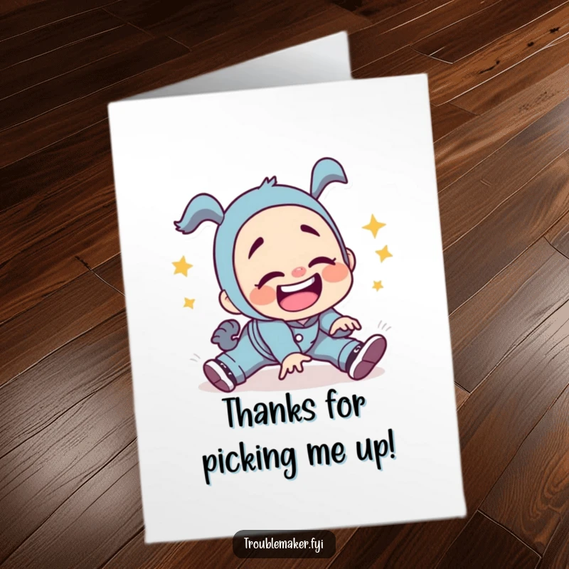 Funny Free Printable Thank You Card: Troublemaker character taking a tumble with a very silly grin.