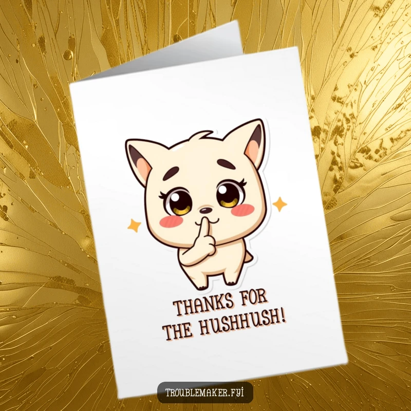 Funny Free Printable Thank You Card of a troublemaker character putting a finger to its lips, hinting at a shared secret thank you.