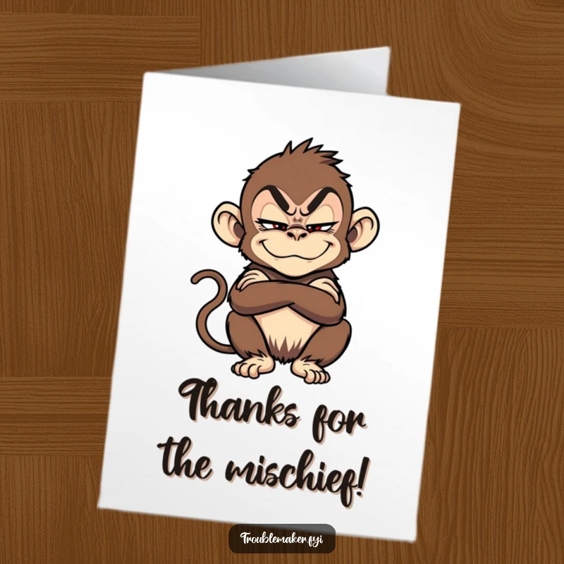Funny Free Printable Thank You Card of a troublemaker monkey with a sly grin and crossed arms.