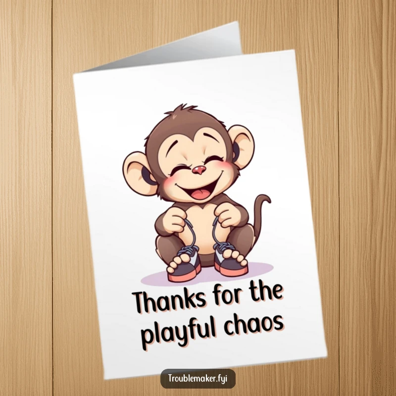 Funny Free Printable Thank You Card: A monkey giggles while tying tiny shoelaces, offering thanks with a prank.