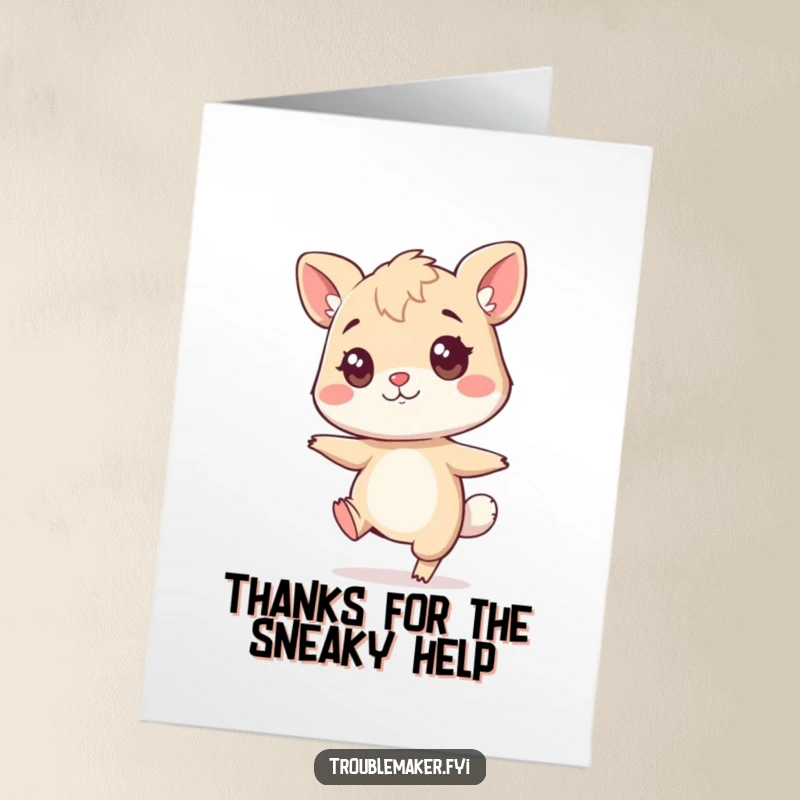 Funny free printable thank you card of an animal character doing a funny tiptoe with a knowing twinkle, expressing subtle thanks.