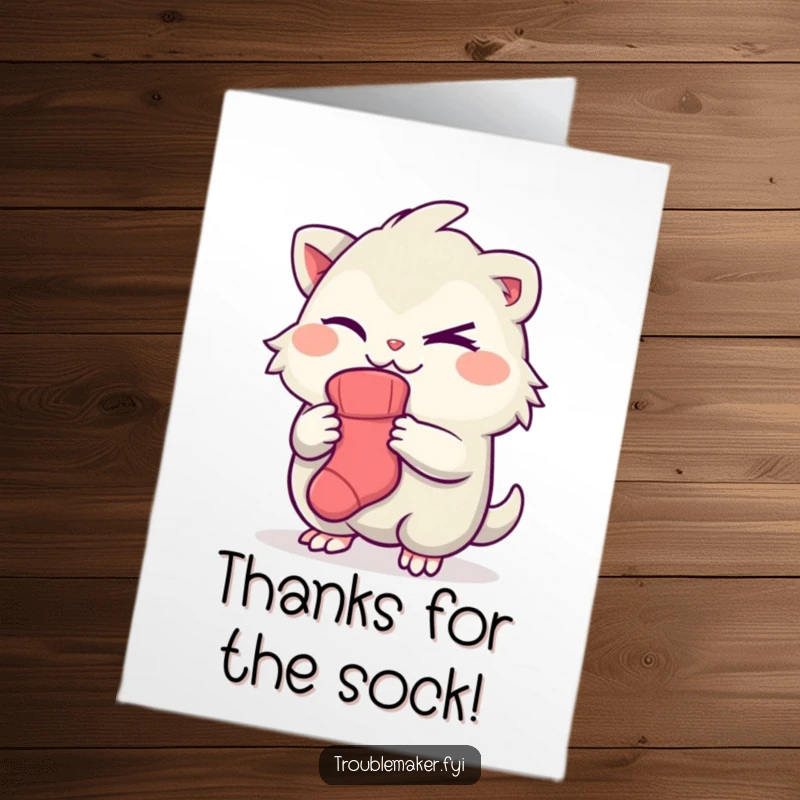 Funny Free Printable Thank You Card: Creature with a sly wink holding a single sock, a humorous way to say thanks for something unexpected.