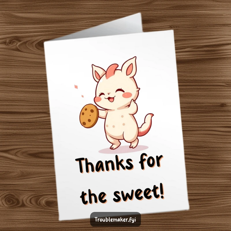 Funny Free Printable Thank You Card: Creature gleefully dancing with a stolen cookie, a humorous and joyful way to express thanks.