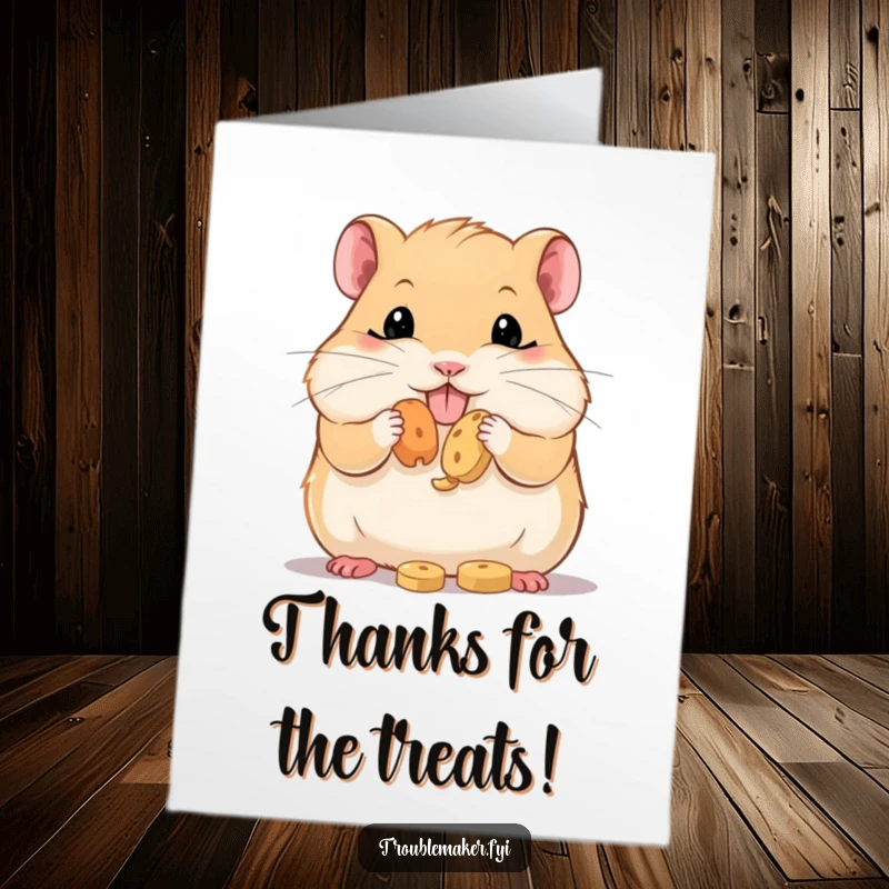 Funny Free Printable Thank You Card illustrating a hamster stuffing its face with treats, perfect for showing thanks.