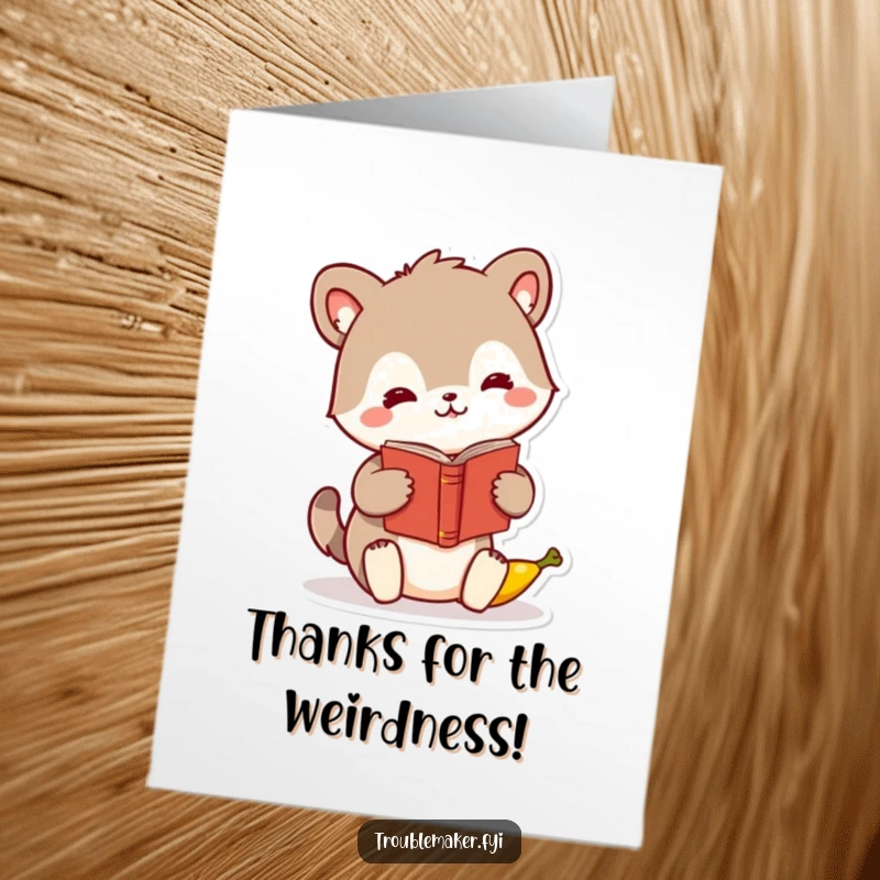 Funny Free Printable Thank You Card: An animal character in the act of swapping a book for a banana, a humorous way to say thanks.
