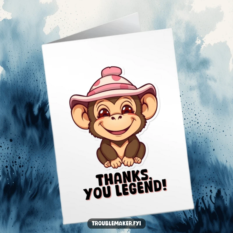 Funny Free Printable Thank You Card: Monkey in a silly hat with an impish smile, sending thanks.