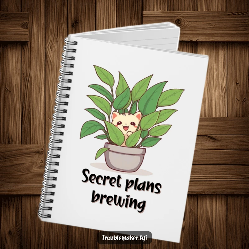 Funny notebook cover shows a creature hiding behind a houseplant, a humorous design for quiet contemplation and note-taking.