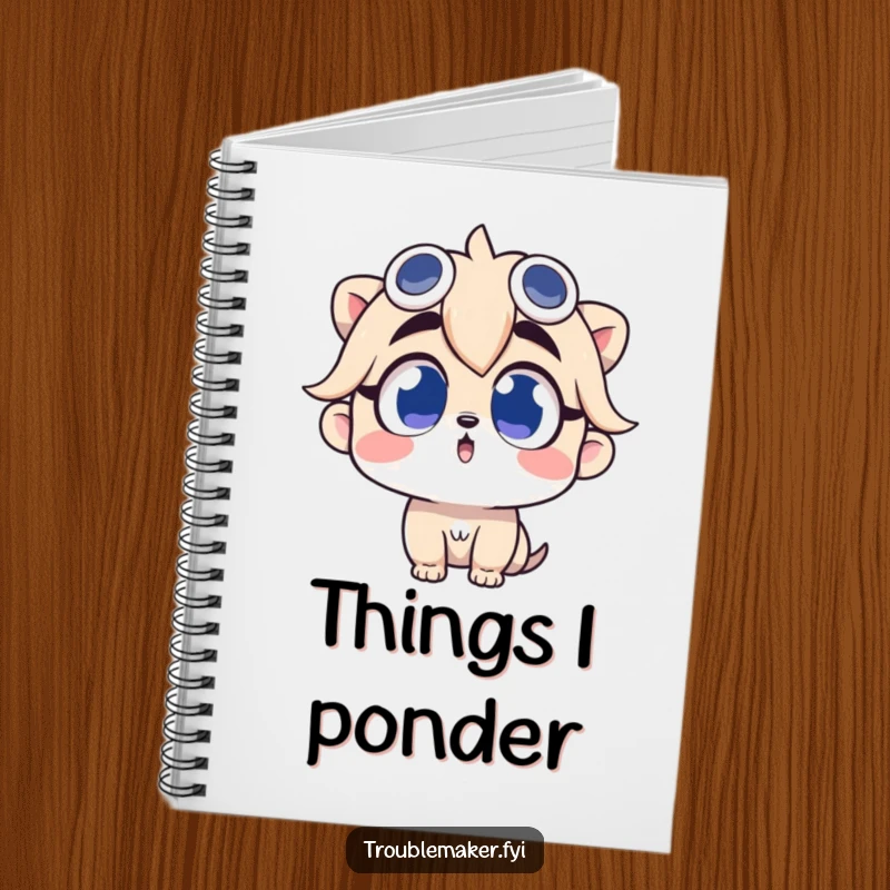 Funny notebook cover with a troublemaker character looking up with wide, curious eyes, perfect for jotting notes.