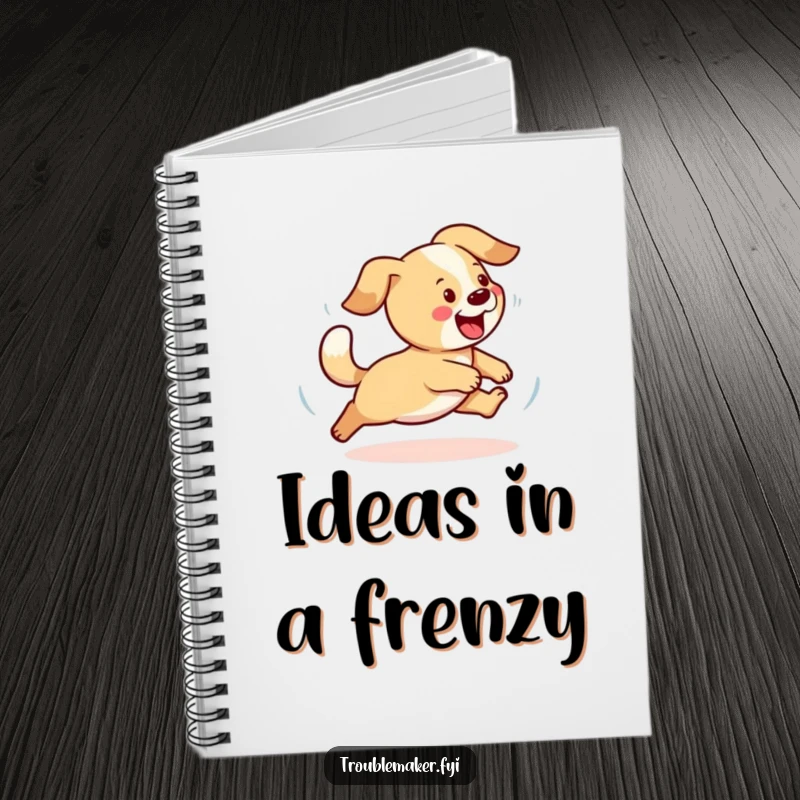 Funny dog notebook featuring a playful dog chasing its tail, perfect for jotting down notes with canine-themed humor.