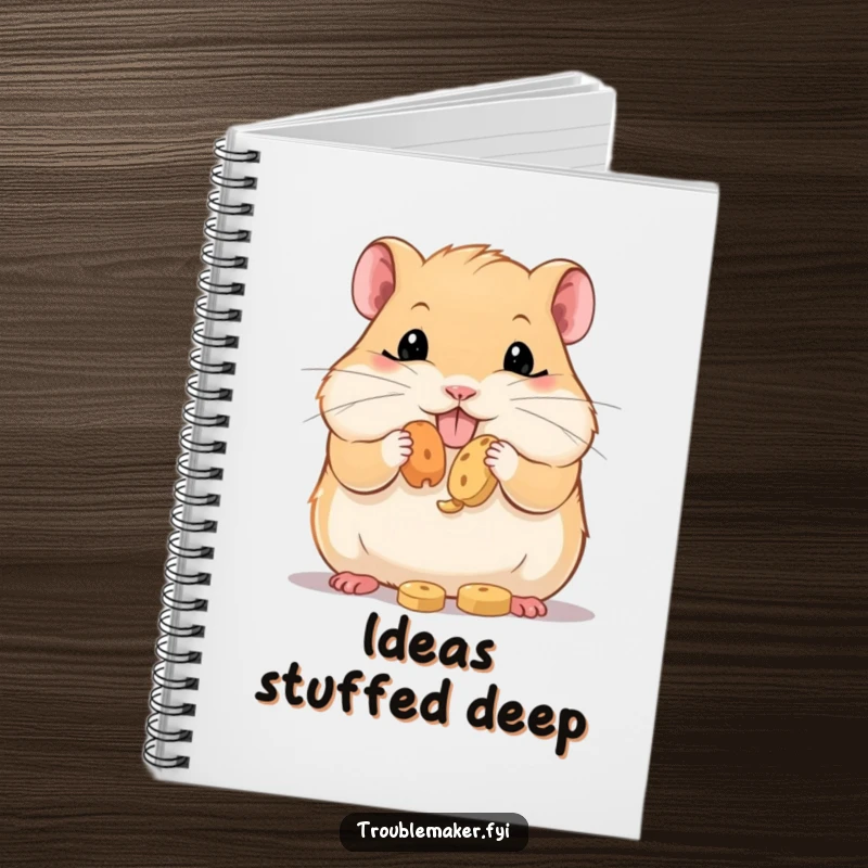 Funny Notebook cover with a hamster sporting comically stuffed cheeks, symbolizing the storage of bright ideas and a love for delicious snacks.