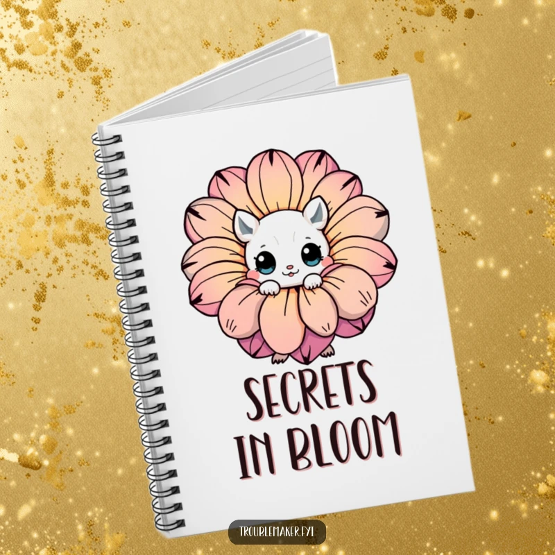 Funny notebook cover showing a creature with expressive eyes hiding behind a large, colorful flower, ready for notes.