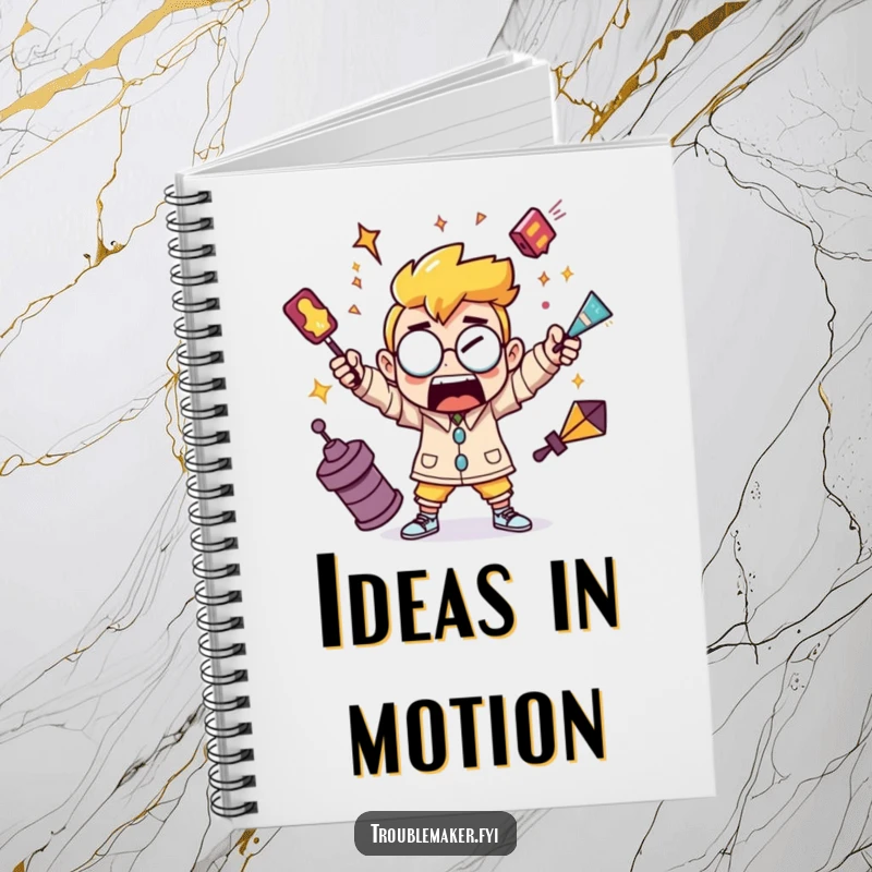 Funny notebook cover with a troublemaker character juggling chaotic objects, perfect for jotting down plans.