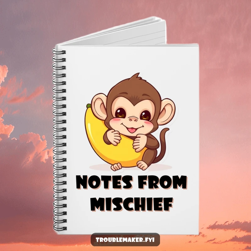 Funny notebook cover with a mischievous monkey hiding behind a banana peel, perfect for jotting down ideas and playful schemes.