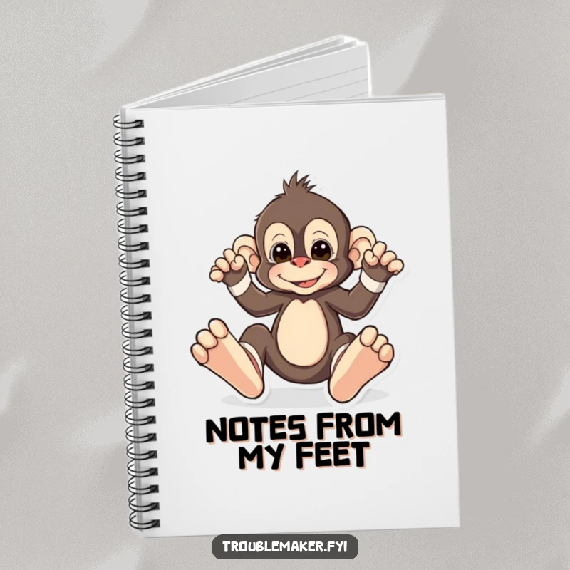 Funny notebook cover with a monkey character playfully wearing oversized, mismatched socks, inspiring delightfully quirky notes and doodles.