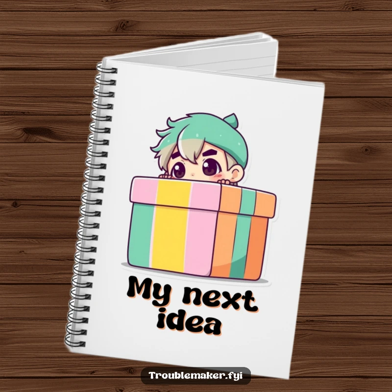 Funny Notebook with a troublemaker character peeking from a gift box, ready to capture your most intriguing ideas.