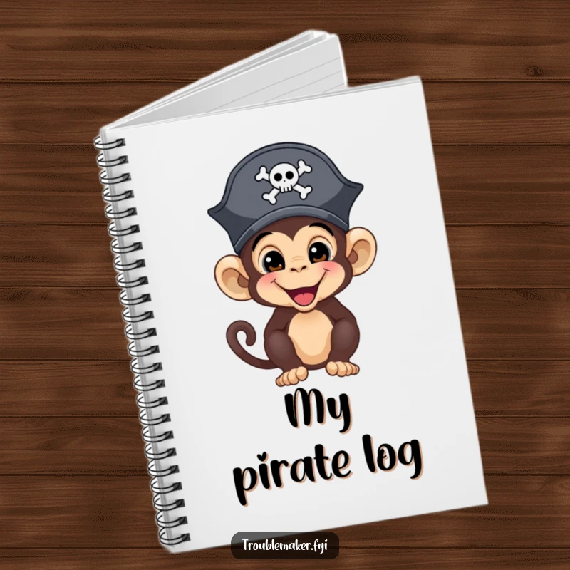 Funny monkey pirate, looking sly and ready for adventure, on the cover of a lined notebook.