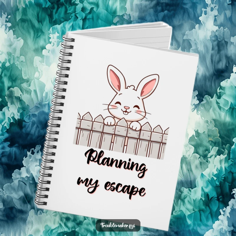 Funny notebook featuring a cheeky rabbit with a wide grin peeking over a fence, ideal for capturing humorous notes.