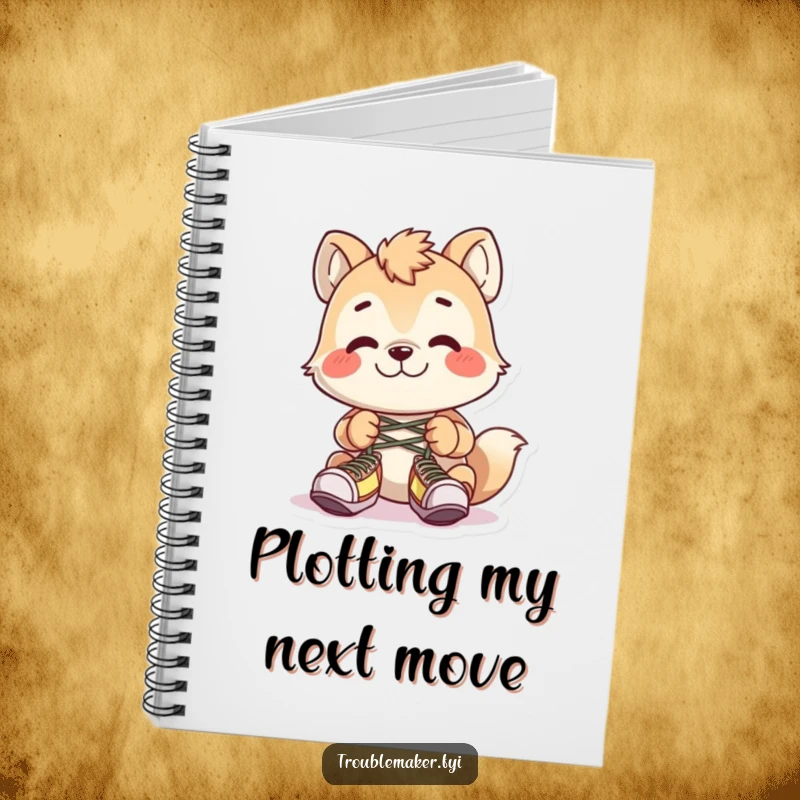 Funny animal character tying shoelaces together with a grin, adorning a lined notebook for writing.