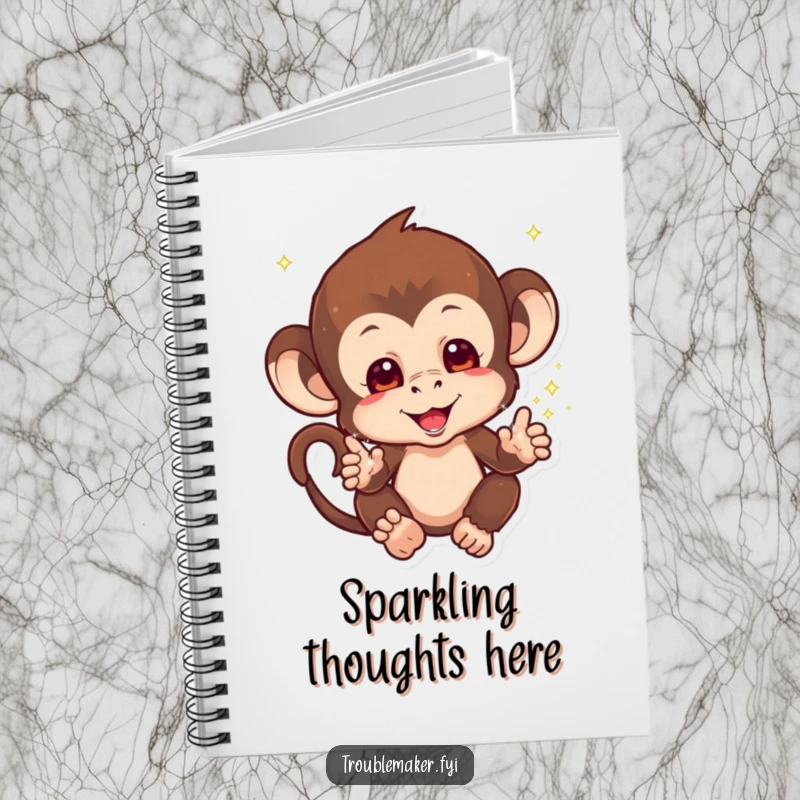 Funny Sparkle Monkey Notebook with a mischievous monkey scattering sparkles from its hands, ready for magical notes, perfect funny gift.