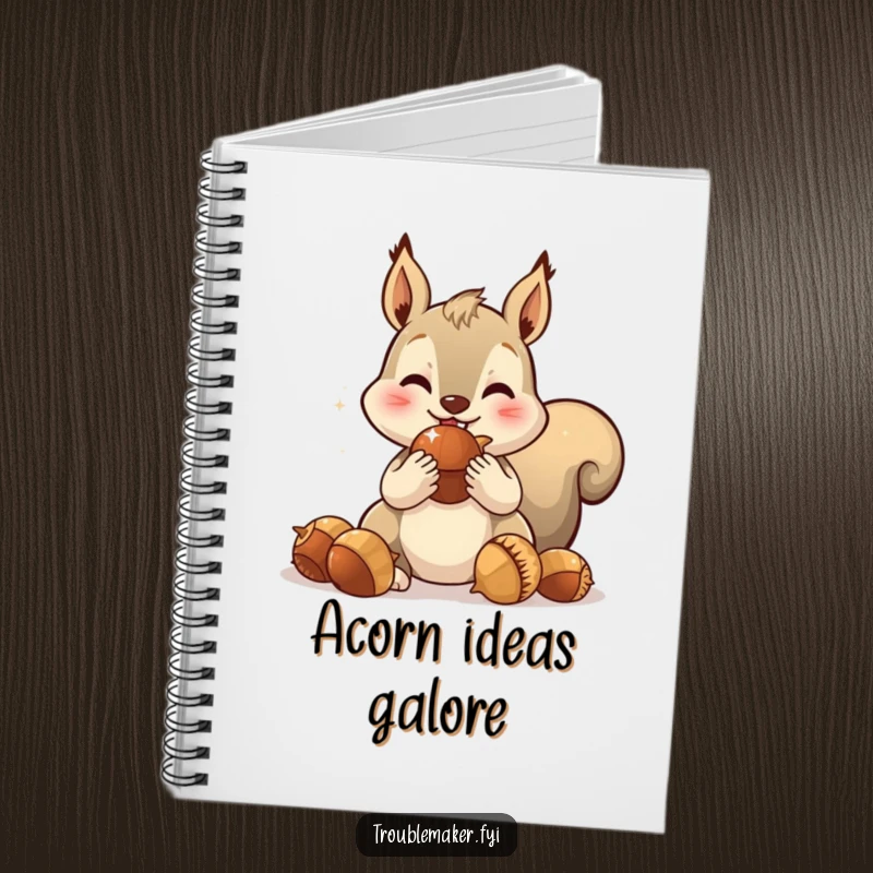 Funny notebook with a spirited squirrel character with full cheeks, hoarding sparkling acorns, perfect for jotting down plans.