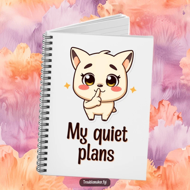 Funny notebook cover with a troublemaker character signaling quiet, perfect for jotting down secrets.
