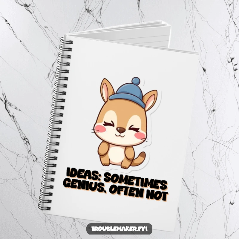 Funny animal character notebook, making a silly face, wearing a quirky funny hat, for jotting down humorous ideas.