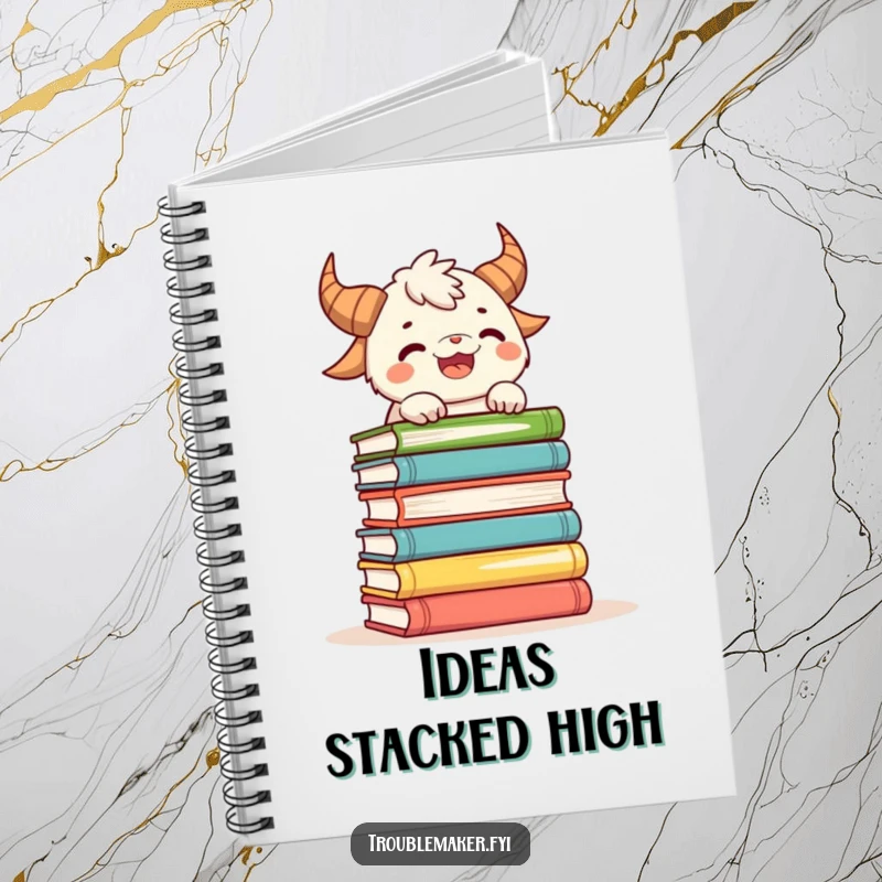 Funny notebook cover showing a playful creature with horns attempting to balance a stack of books, ready for notes.
