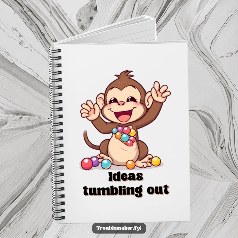 Funny notebook cover with a monkey character gleefully shaking a bag of marbles, inspiring playful notes and creative brainstorming.