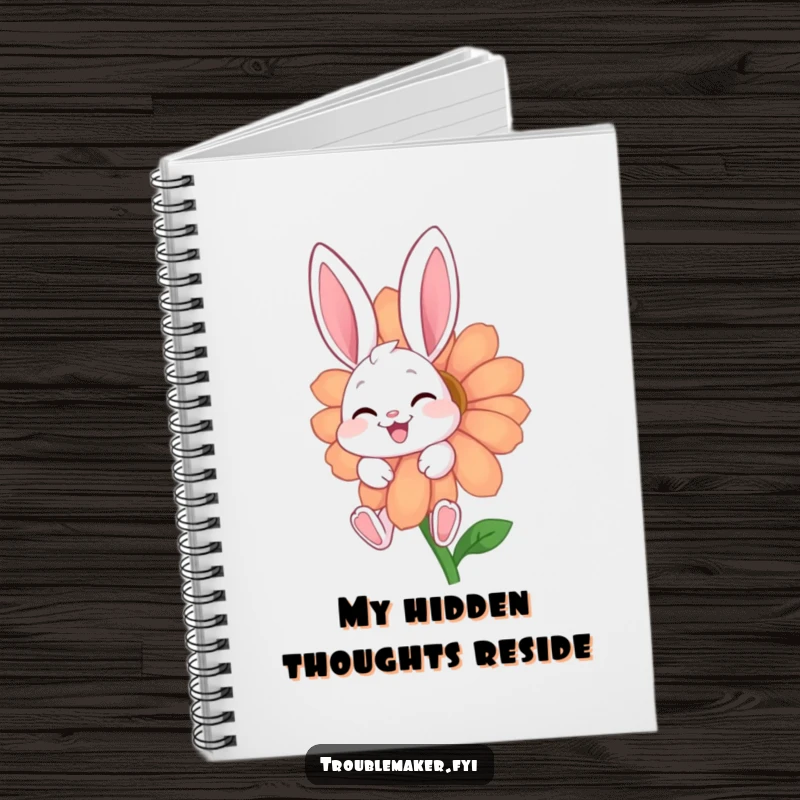 Funny notebook with a giggling bunny character peeking from behind a bright flower, ideal for jotting down funny notes.