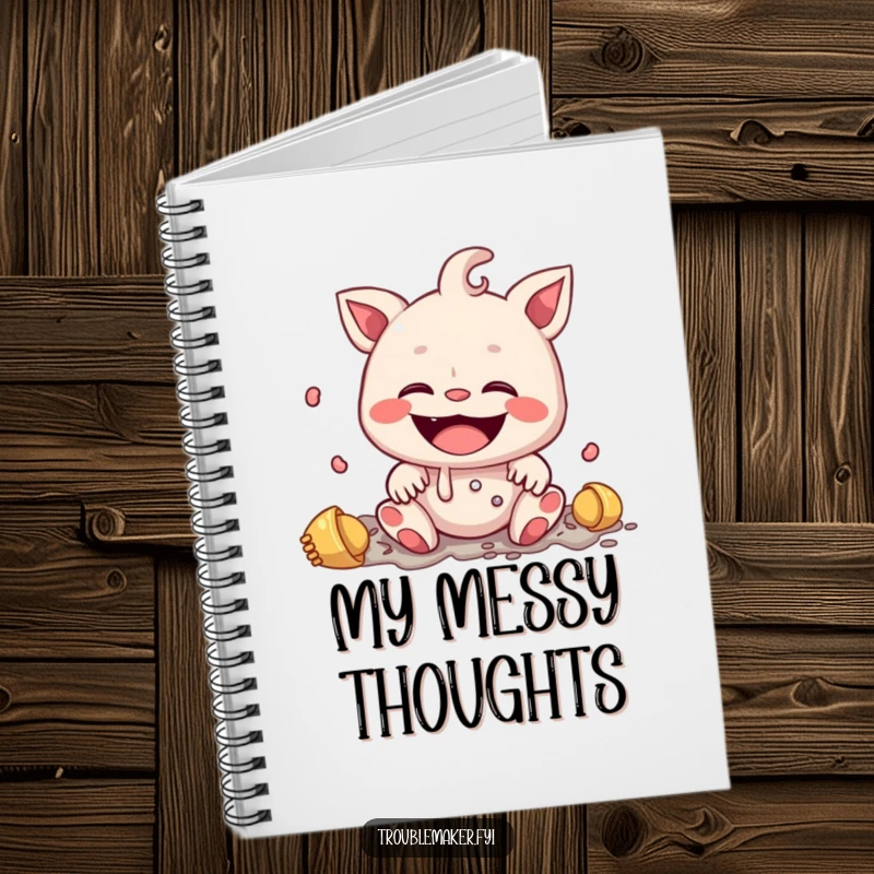 Funny notebook cover shows a creature with an innocent smile making a mess, a humorous design for capturing creative thoughts.