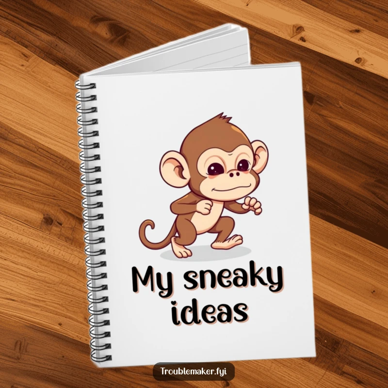 Funny Troublemaker Monkey Notebook with a monkey tiptoeing with exaggerated stealth, ready for secret notes, perfect funny gift.