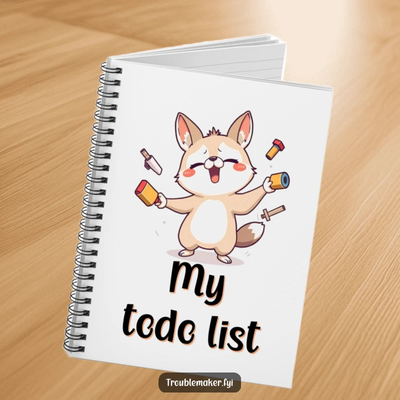 Funny notebook cover with a determined animal character comically juggling several items, inspiring creative and humorous note-taking.