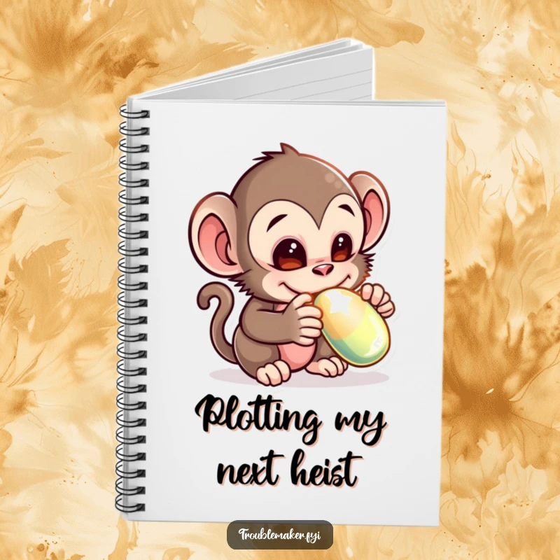 Funny notebook with a mischievous monkey creature adorably stealing a shiny object, ideal for jotting down notes with a humorous and delightful touch.