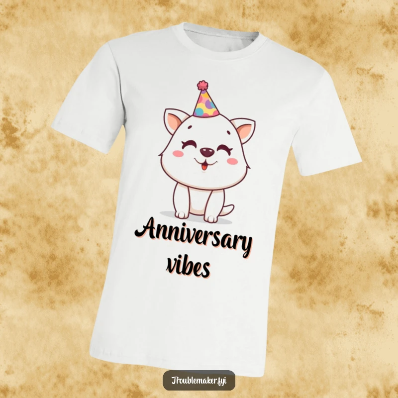 Funny t-shirt depicting a mischievous animal character wearing a tiny, crooked party hat, embodying a playful and funny party mood.