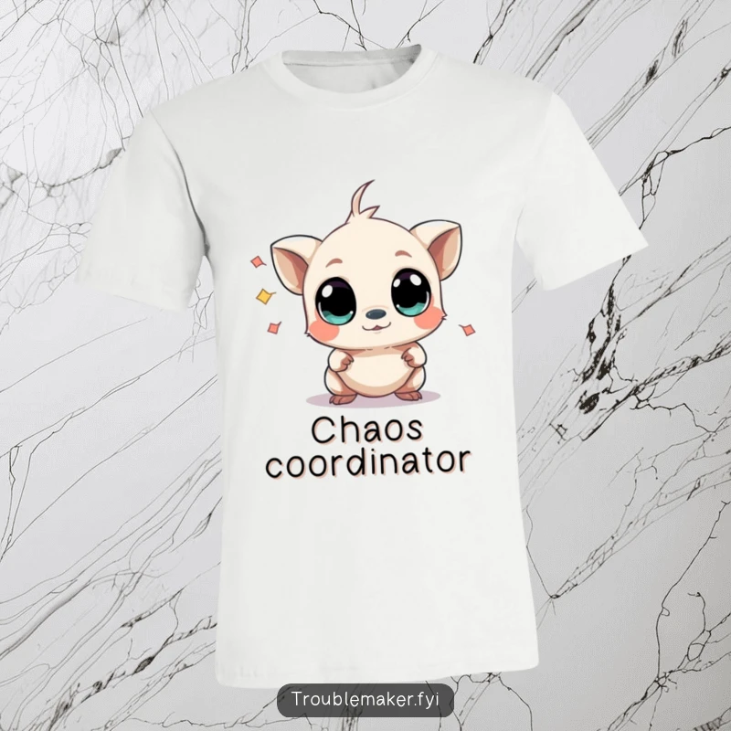 Funny t-shirt showcasing a small creature with wide, curious eyes inadvertently causing mild chaos, expressing a charmingly mischievous personality.