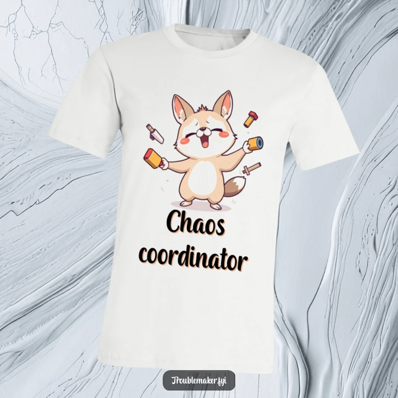 Funny t-shirt with a mischievous animal character struggling to juggle multiple unstable items, radiating pure, uncontained, funny energy.