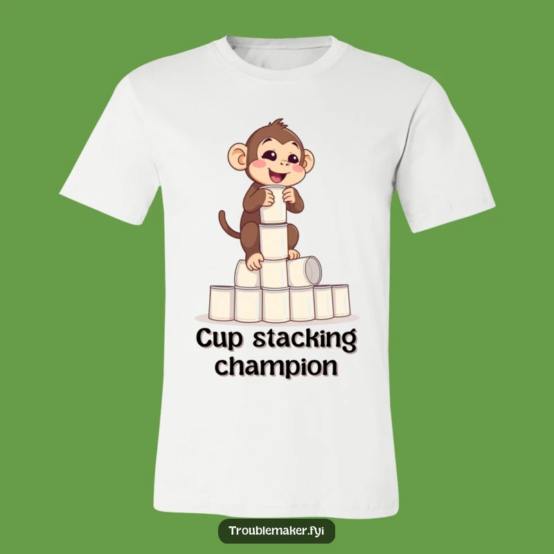Funny Balance Monkey T-Shirt: Precarious Cups Primate Fun