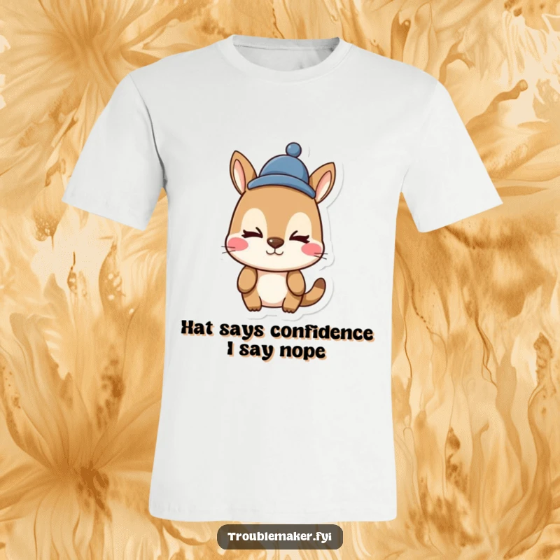 Funny animal character t-shirt with a ridiculous silly face and a jaunty funny hat, radiating pure amusement and lighthearted fun.