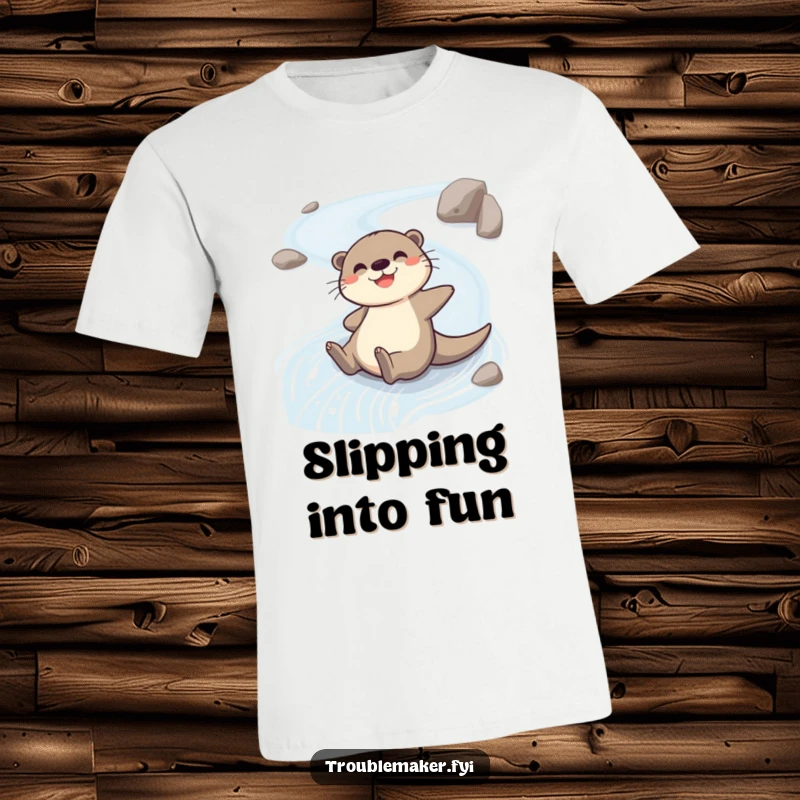 Funny t-shirt depicting a cheerful otter character joyfully sliding down a slippery, winding riverbank, full of glee.