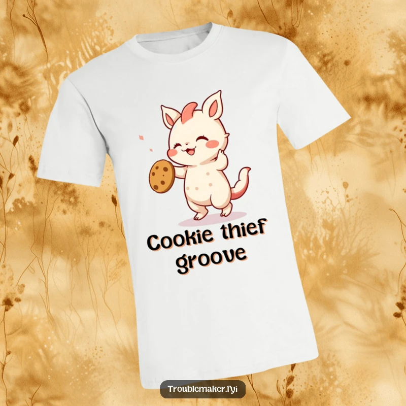 Funny t-shirt graphic of a creature performing a jubilant dance with a stolen cookie, a humorous depiction of sweet victory.