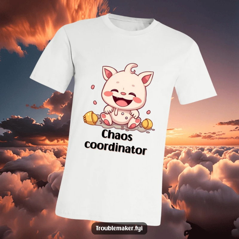 Funny t-shirt graphic of a creature with an innocent smile, surrounded by a playful mess, a humorous depiction of lovable chaos.