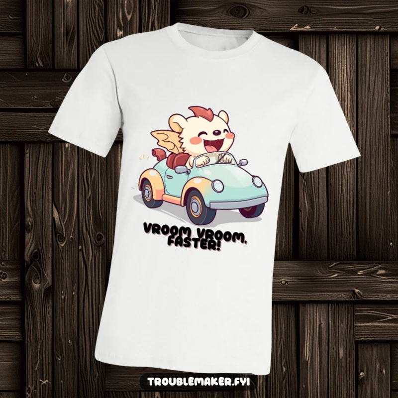 Funny t-shirt featuring a creature in mid-joyride on a toy car, depicting a hilarious scene of speed and pure happiness.